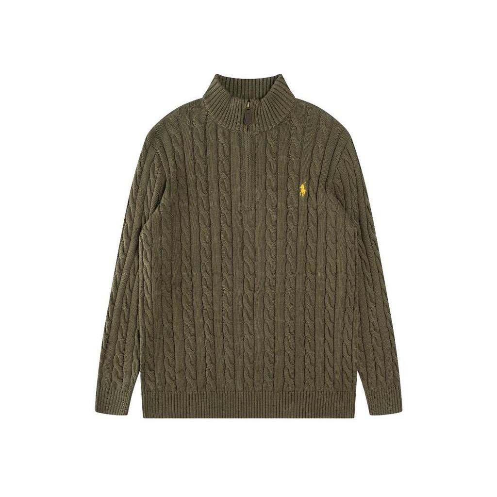 Herren Zopfmuster Pullover mit halbem Reißverschluss und gesticktem RL Pony Logo