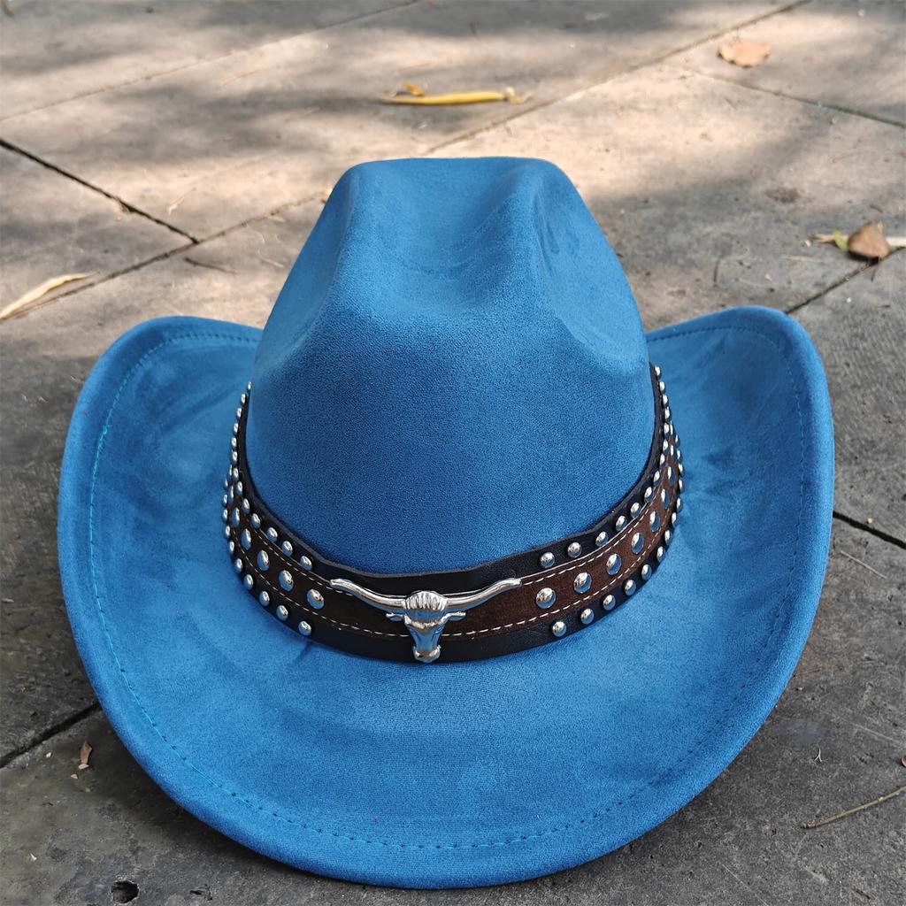 Retro Suede Leather Western Cowboy Fedora Hat For Men Women Bull Head Accessories Fashion Travel Party Hat Denim Hat Sombrero