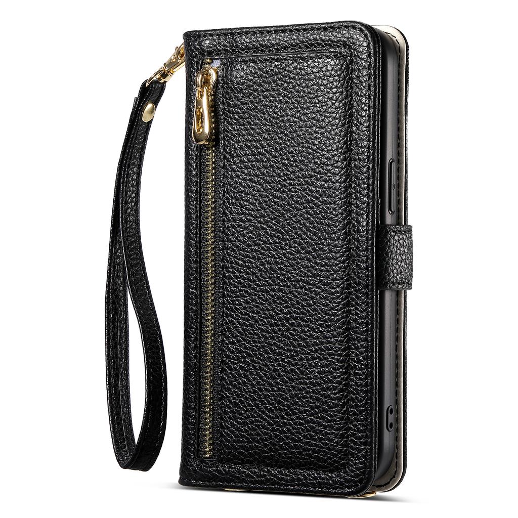 ESEBLE E11 For Samsung Galaxy S25 Case Zipper Pocket Litchi Texture Leather Phone Cover with Mirror and Wrist Strap