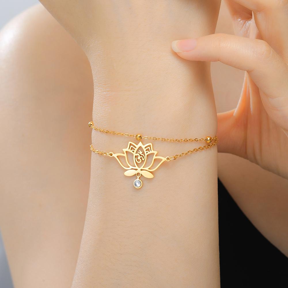 Dawapara Spiritual Lotus Flower Bracelet OM Protection Amulet Yoga Healing Inspirational Gift for Women Stainless Steel Jewelry