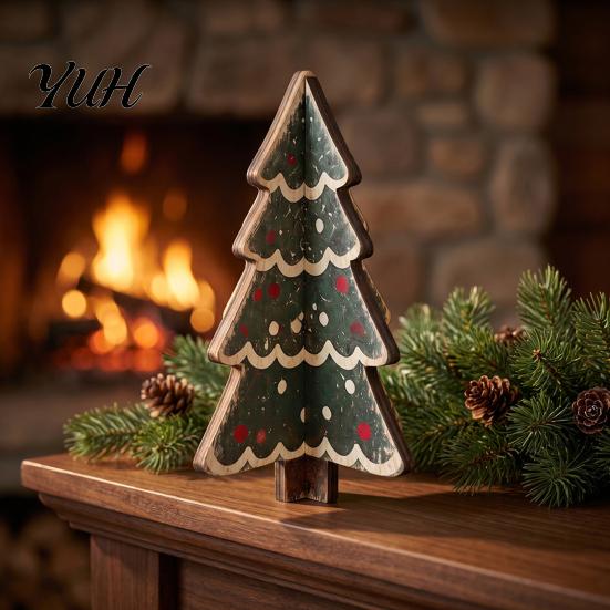 Charming Christmas Party Table Decor Wooden Tree Tabletop Decoration, Rustic 3D Interlocking Ornaments, Vintage Durable Festive Shop Window