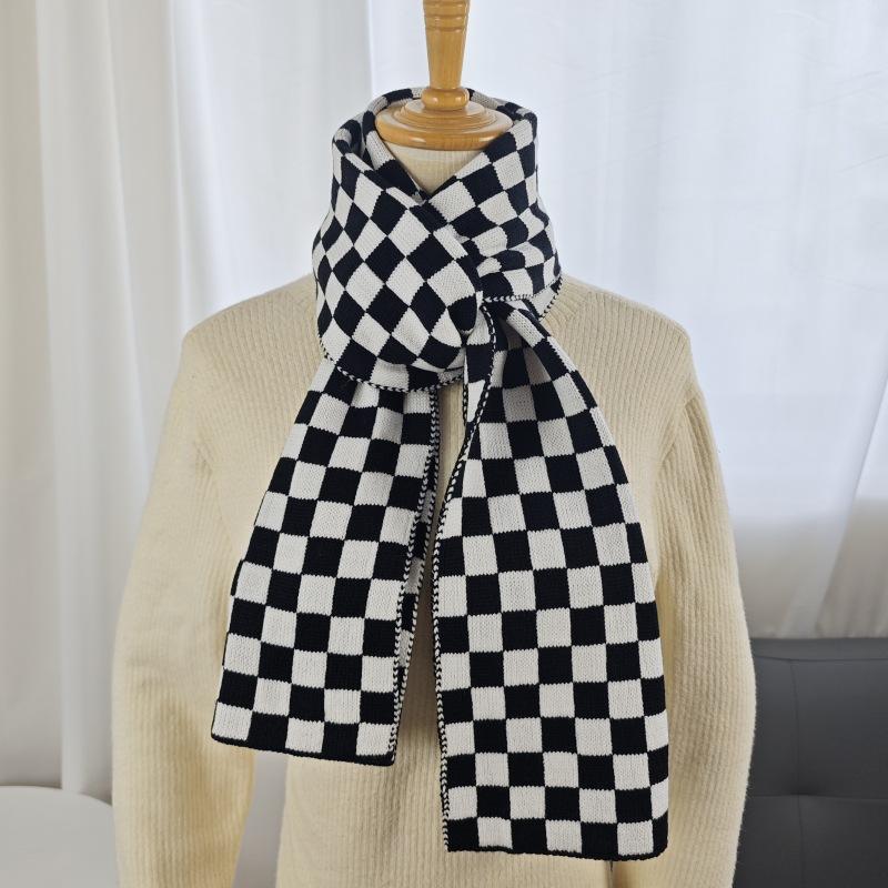 Black and White Checkerboard Korean Version Knitted Wool Scarf Female Autumn and Winter Warm Student Versatile Double-sided Couple Scarf