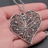 3D Hollow Heart Pendant Necklace Vintage Antique Silver Color Carved Heart Pendant Necklace For Women Long Metal Chain Necklace