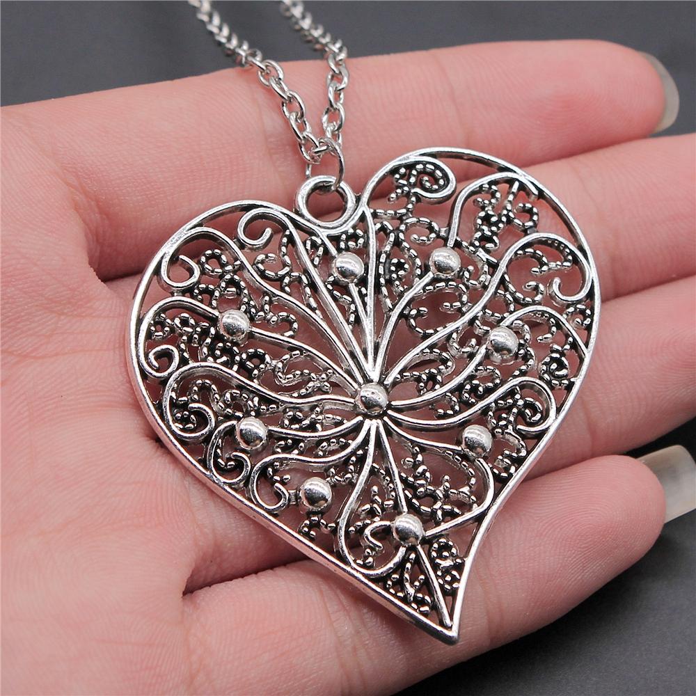 3D Hollow Heart Pendant Necklace Vintage Antique Silver Color Carved Heart Pendant Necklace For Women Long Metal Chain Necklace
