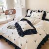 Hepburn Style French 100% Cotton Bed Sheet Model Four-piece Black Rose Embroidery Wide Edge Lace Quilt Cover