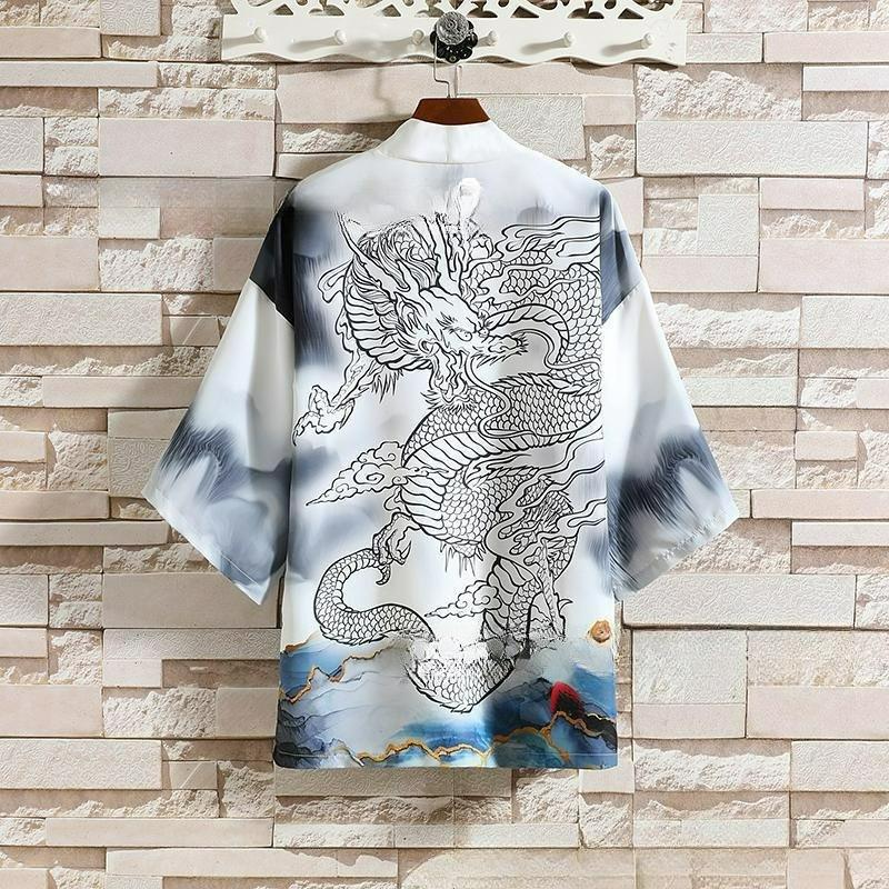 Summer National Style Dragon Totem Figure Cardigan Cloak Feather Woven Robe Japanese Ukiyo-e Cloak 3D Digital Printed Shirt