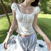Sweet Style Spice Girl White Hollow Jacquard Square Collar Shirt Women's Summer Korean Temperament Slim and Thin Short Top