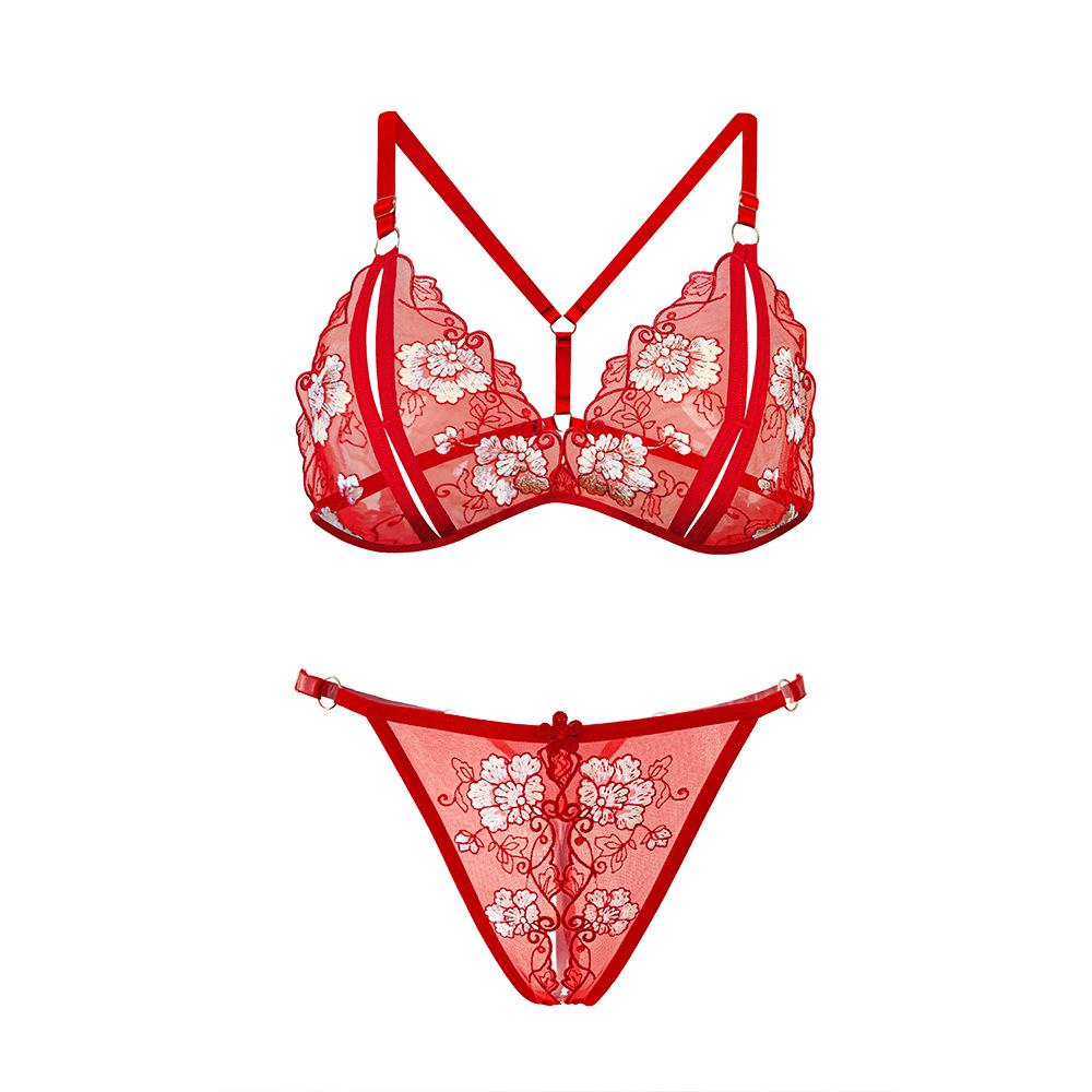 Sexy Lingerie Bed Flirting Robe Three-point Seduction Sexy Embroidery Open Passion Bra Set Women's Large Size
