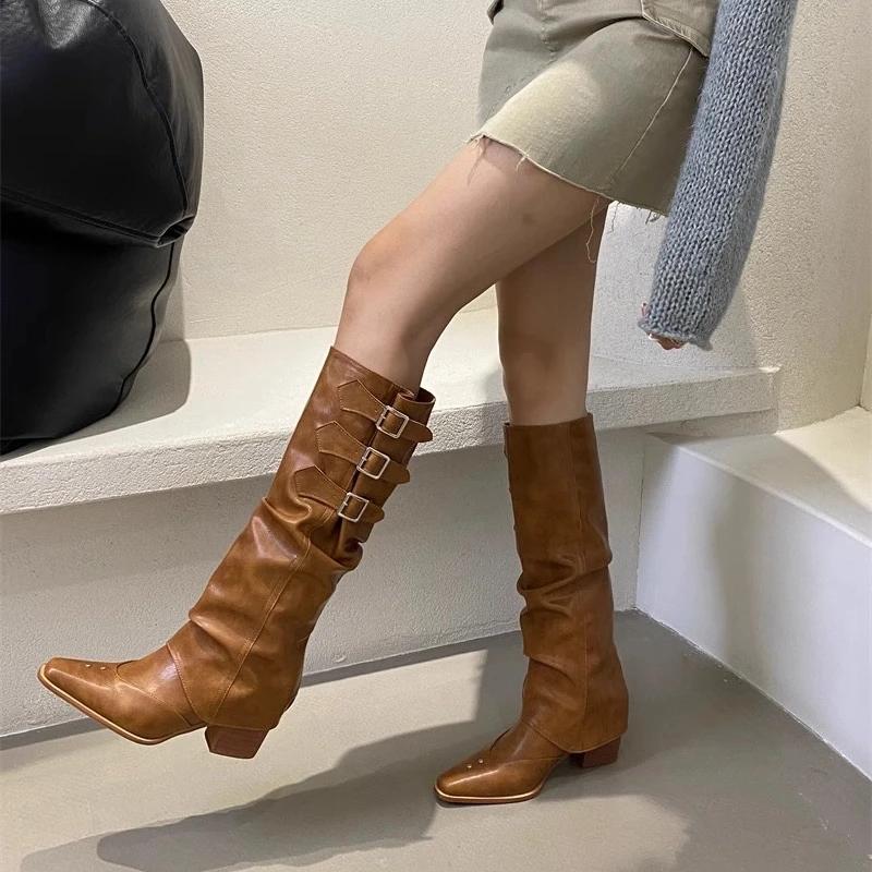 New Winter Two-wear Square Heel High Pointed Belt Buckle Trouser Boots Detachable Casual Slimming Fashion Boots for Women