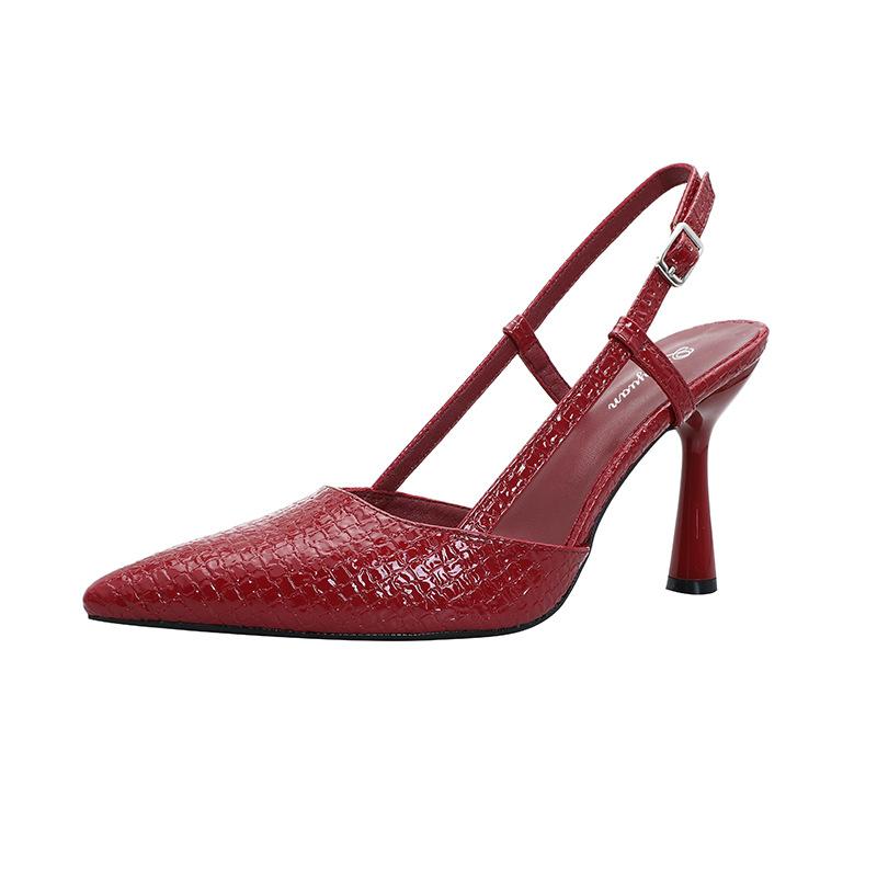 Red Pointed High Heels Stiletto 9cm One-word Belt Sexy 2025 New Bag Head Sandals Large Size Empty Shoes
