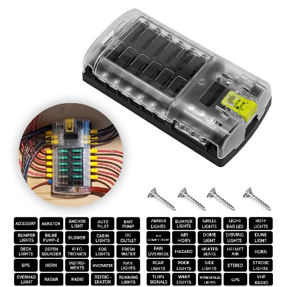 100A 6/12 Way Fuse Block Fuse Box with Stickers Waterproof Cover Fuse Panel for Automotive Cars Trucks RVs Campers Vans