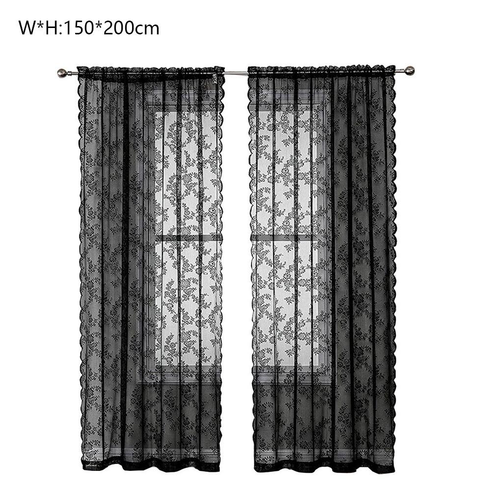 Durable Polyester Lace Window Curtain Floral Embroidered Sheer Rod Pocket Lace Sheer Curtain Door Curtain Living Room Decoration