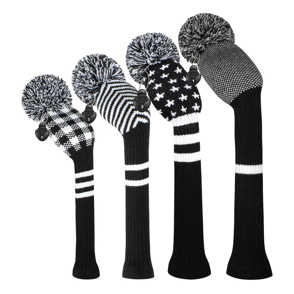 Scott Edward knit golf head cover 4-piece set handmade suitable drivers fairway woods includes long neck Pom-Pom club available variety colors.