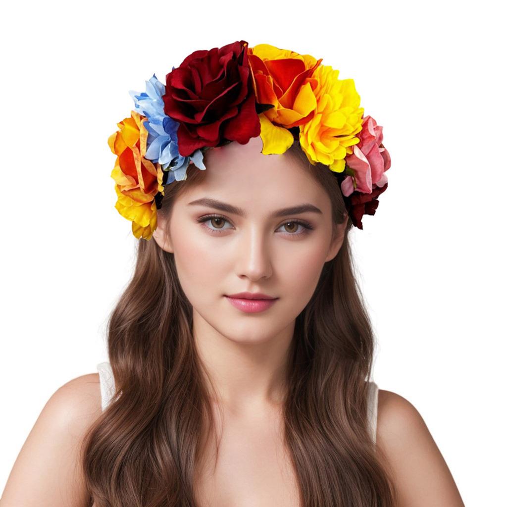Colorful Rose Flower Headband for Music Festival Artificial Flower Wreath Hairhoop Wedding Bride Dressingup Accessory