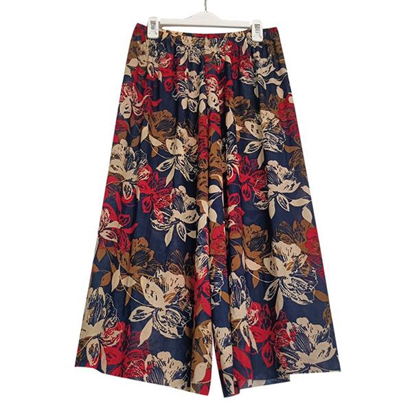 WTEMPO Kadın İlkbahar Yaz Sonbahar Büyük Beden Elastik Yüksek Bel Geniş Paça Pantolon Bol Rahat Çiçek Baskılı İnce Kırpılmış Pantolon