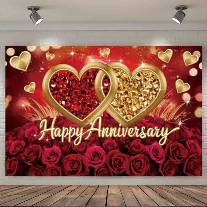 Joyeux Anniversaire Rose Rouge Cœur Doré Toile de Fond Photographique Mariage Anniversaire de Mariage Fête de Couple Fond Photo