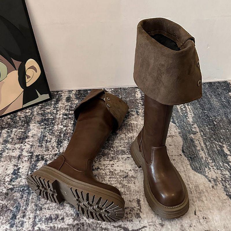 

Складные ботфорты на толстой подошве и высоком каблуке для женщин - Осень/Зима 2025, ботинки на массивном каблуке, облегающие длинные сапоги. 40