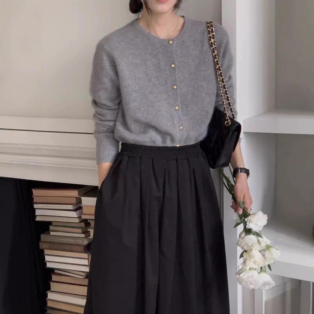 Women's French-Inspired Loose Fit Pure Wool Knit Cardigan with Gold Buttons and Round Neck Sweater