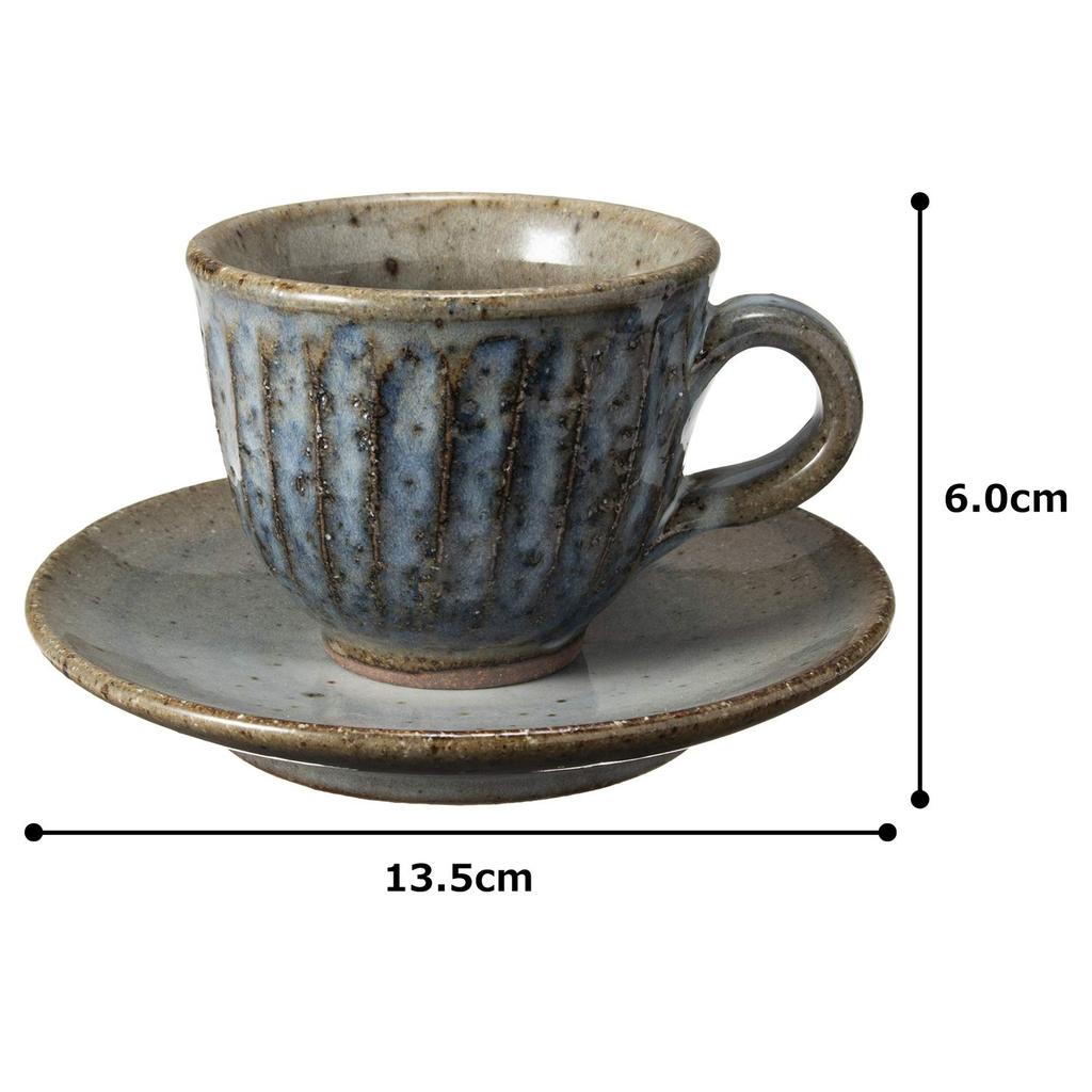 Marui Seito Shigaraki Ware Hechimon Kaffeetasse und Untertasse, Blaue Hagi-Schnitzerei, Rund, Ca.. 180ml Fassungsvermögen, Keramik, Hergestellt in Japan, MR-3-3265