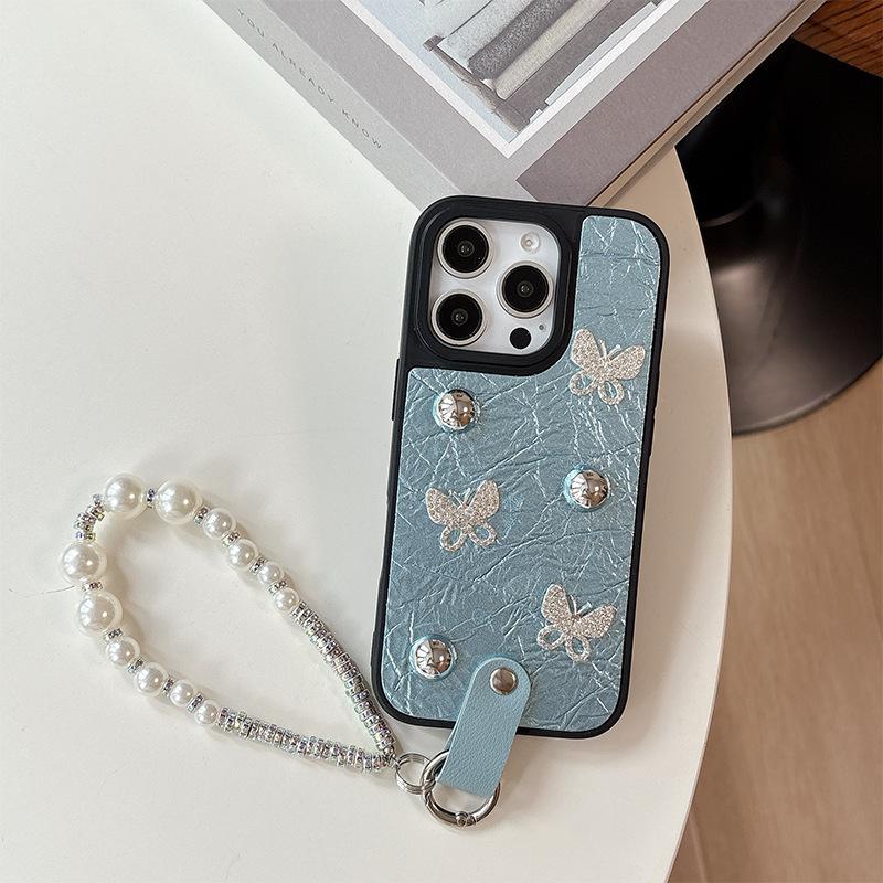 Silver Bead Bow for IPhone 16 Mobile Phone Case 14 Protective Cover for IPhone 17 Promax Pearl Bracelet 15