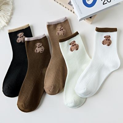 5 Paar Teddybär-Socken, weiblich, koreanischer Stil, Röhrensocken, Winter, dicke warme Socken