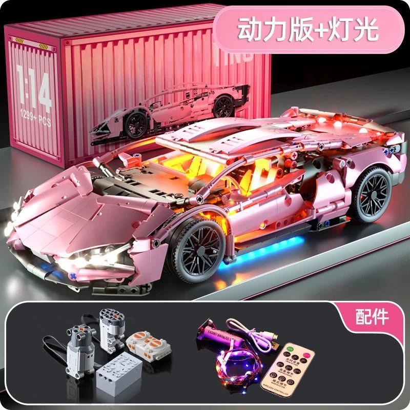 1299 PEZZI Tech 1:14 Blocchi da costruzione auto da corsa sportive rosa Giocattoli auto da assemblare in mattoncini Regali di compleanno per bambine Regali di Natale