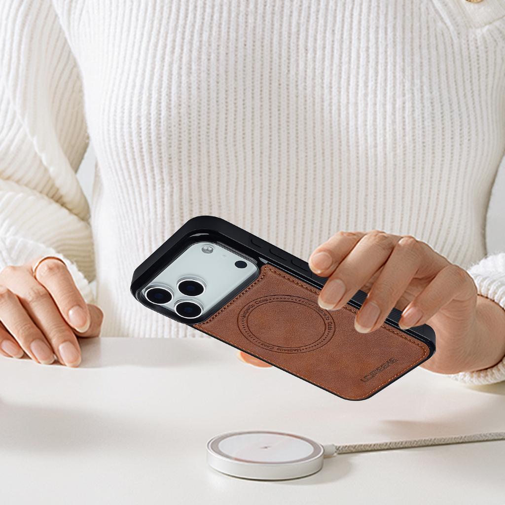 LC.IMEEKE For iPhone 17 Pro Magnetic Case Compatible with MagSafe Leather+TPU Back Cover