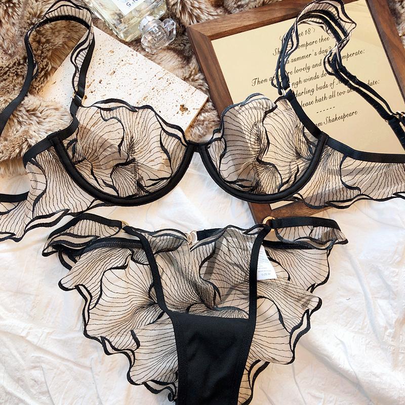 Set Intimo Ultra Sottile Francese Sexy Rete Traspirante Reggiseni Donne Estate Pizzo Lingerie Nero Tentazione Intimo Slip Set