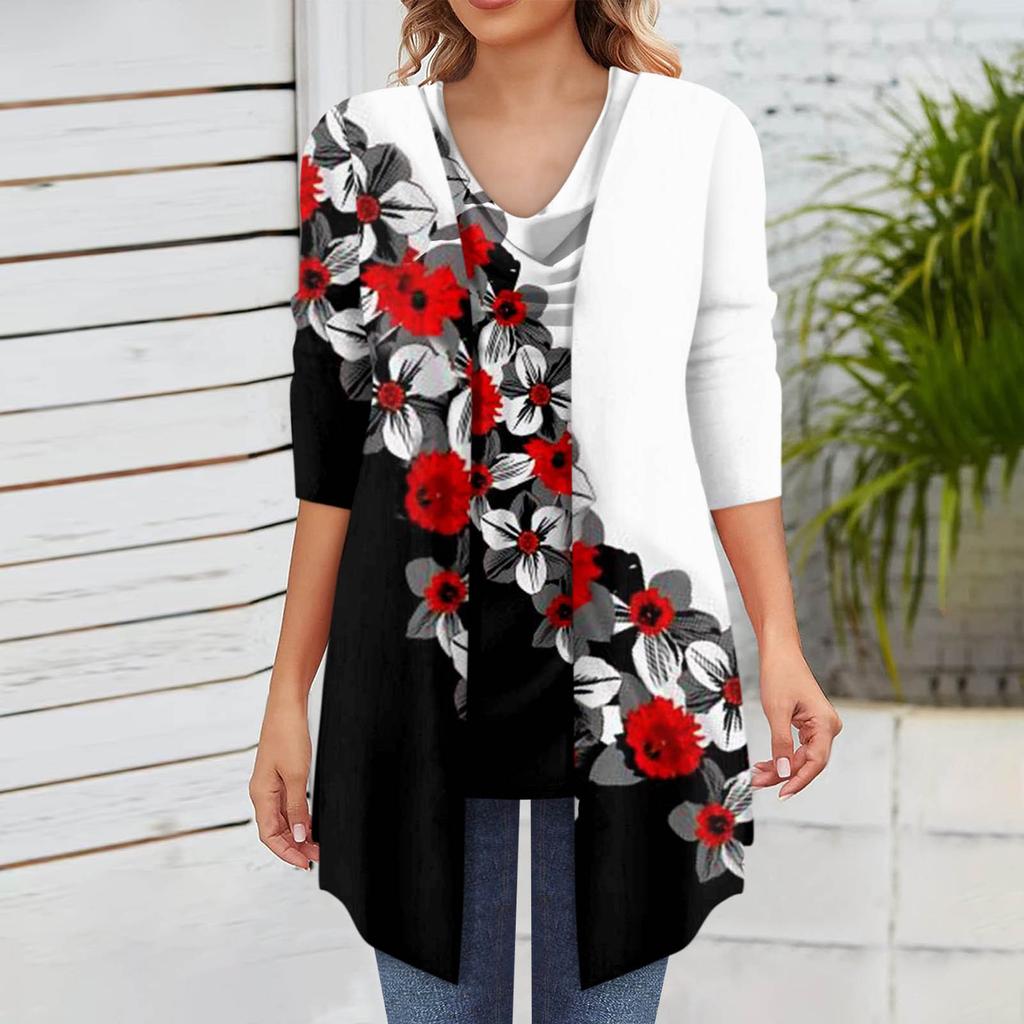 Women's Casual Printed Set Cardigan Large Swing Neck Ruffle Collar 3/4 Sleeve Cardigan Two-piece Set
