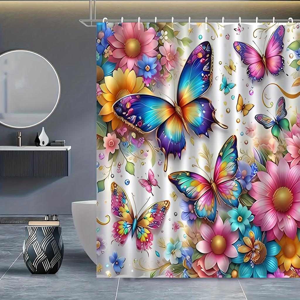 1pc Butterfly Pattern Printed Shower Curtain, Suitable for Home Bathroom Decor, Machine Washable Window Bathroom Decoration
