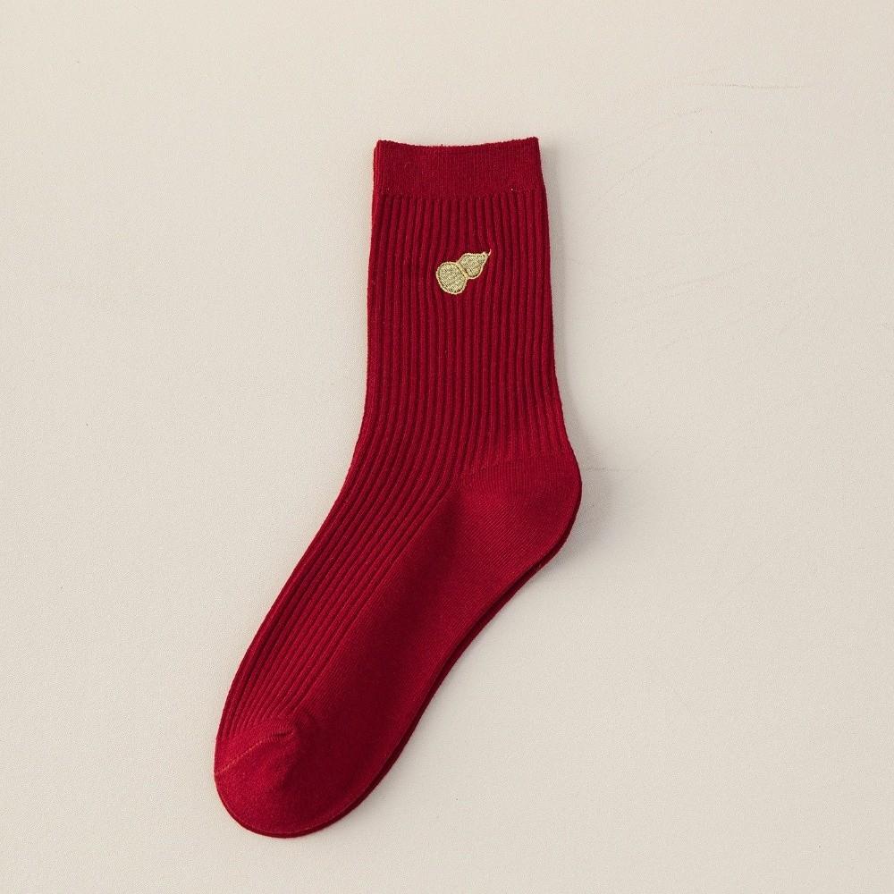 New Cartoon Embroidery Cotton Socks Red Casual Mid Tube Socks Sweat Absorption Anti-slip Socking Autumn Winter