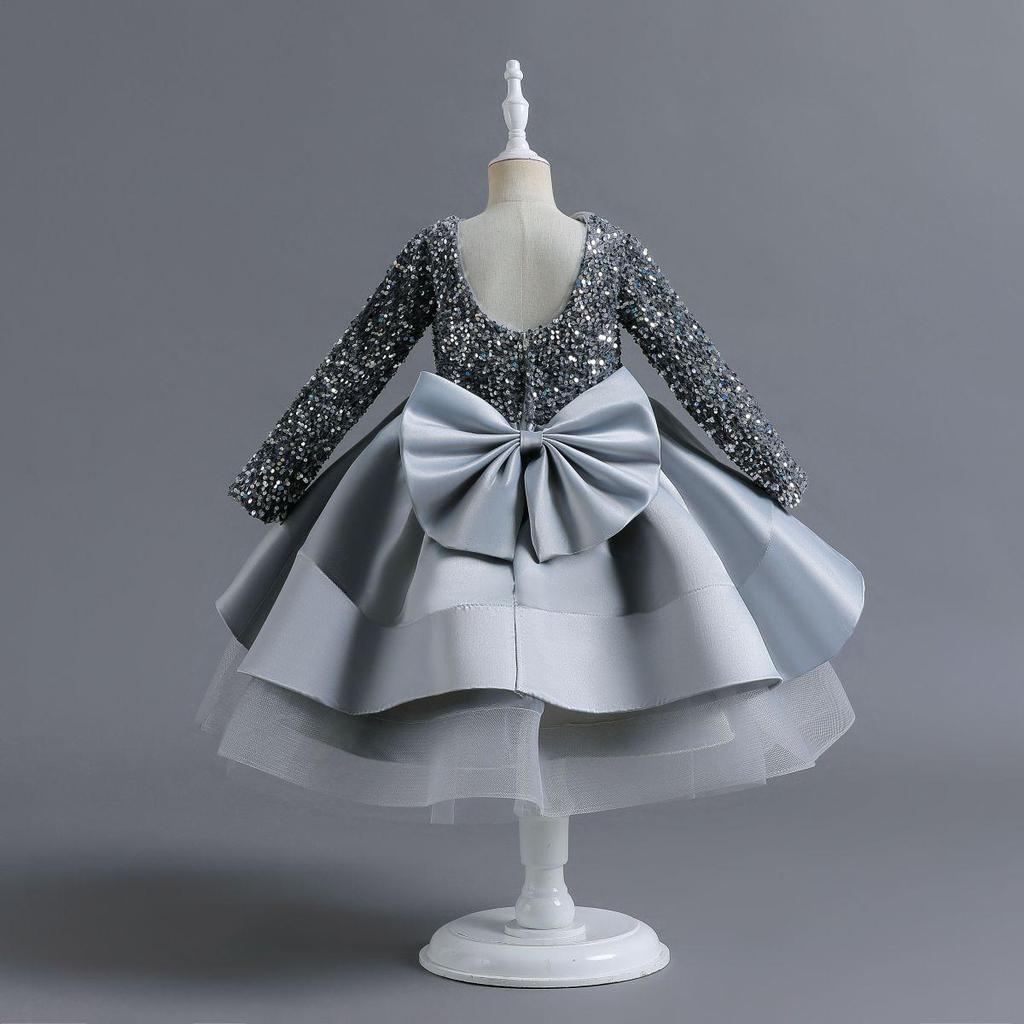 European & American Cross-Border Girls' Sequined Princess Long-Sleeve Evening Dress for Age 1