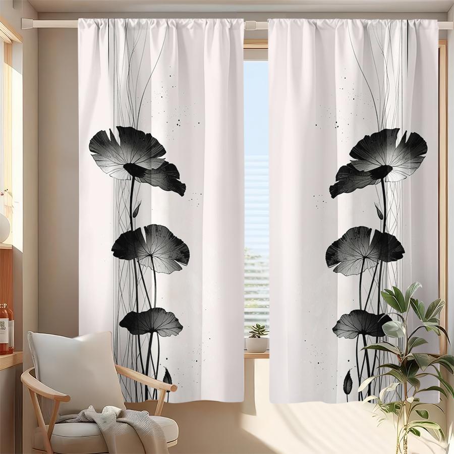 2PCS, Black and White, Ink Wash Lotus Leaf Print Curtains, for Bedroom and Living Room, Rod Pocket Style