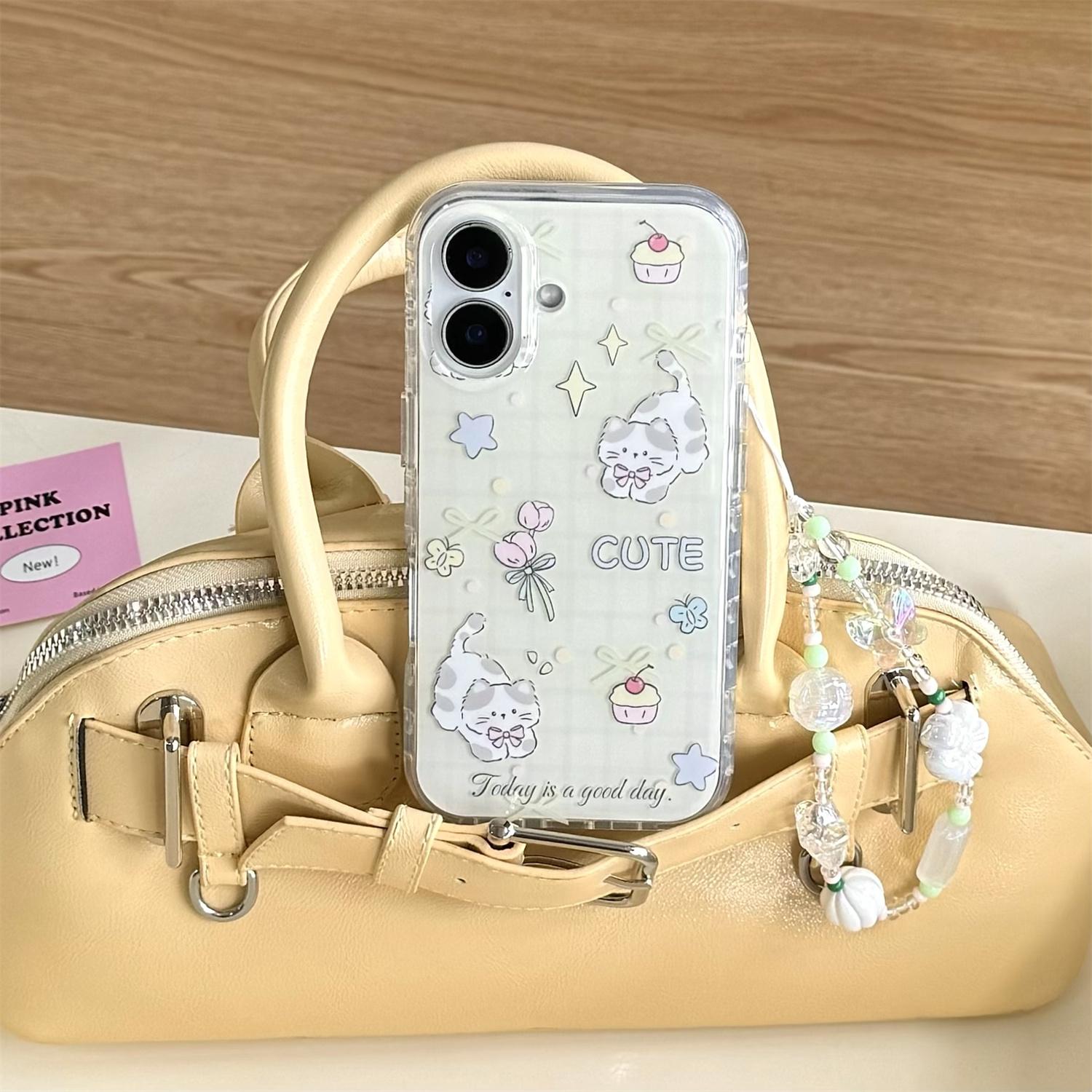 

For iPhone 16 Case IMD Cute Cat Design TPU Phone Case with Wrist Strap Pink