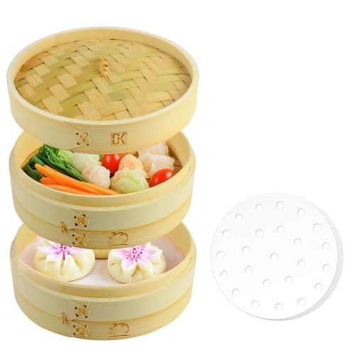 CORKAS 18cm Bamboo Steamer, Handmade with Natural Materials, 2-Tier, Perfect for Japanese Cuisine, Dim Sum, Vegetables, and Healthy Steaming, Commerci