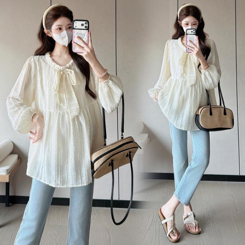 2026 Stylish Korean Maternity Doll Shirt - Long Sleeve, Loose, Versatile, Age-Reducing for Spring/Autumn L