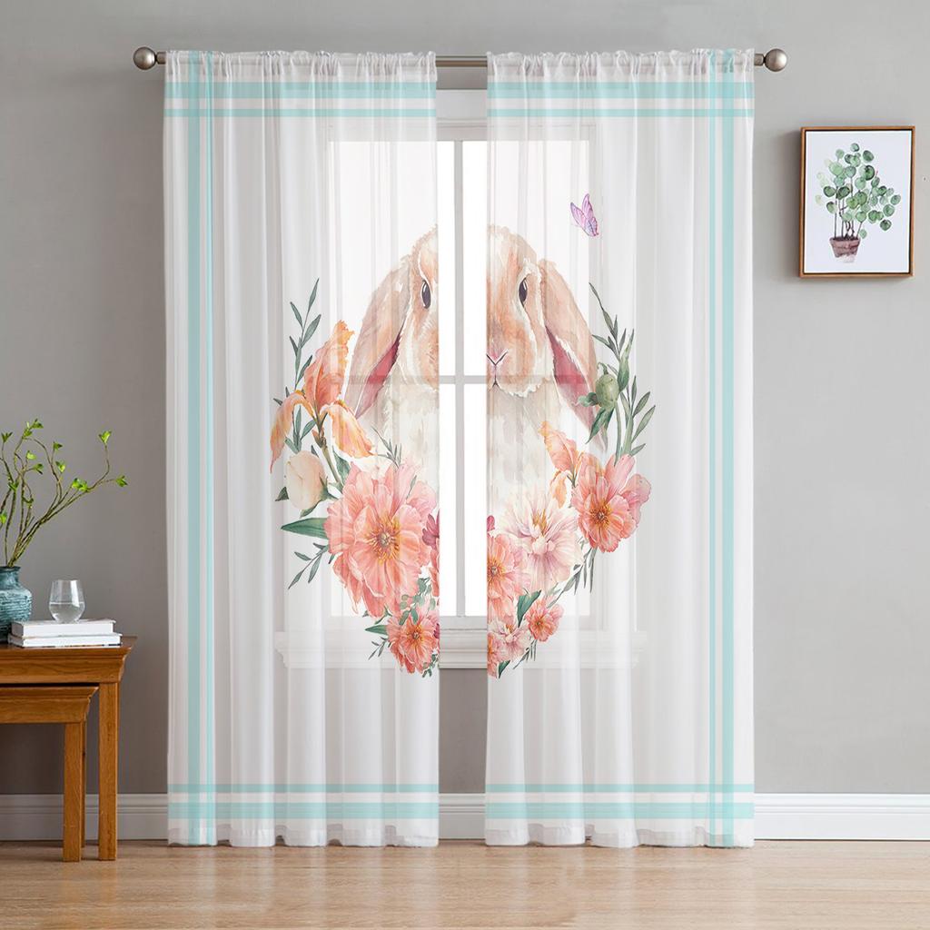 Blue Rose Flower Butterfly Glassy Gauze Curtains For Children's Bedroom Kitchen For Living Room Holiday Decor Voile Curtain