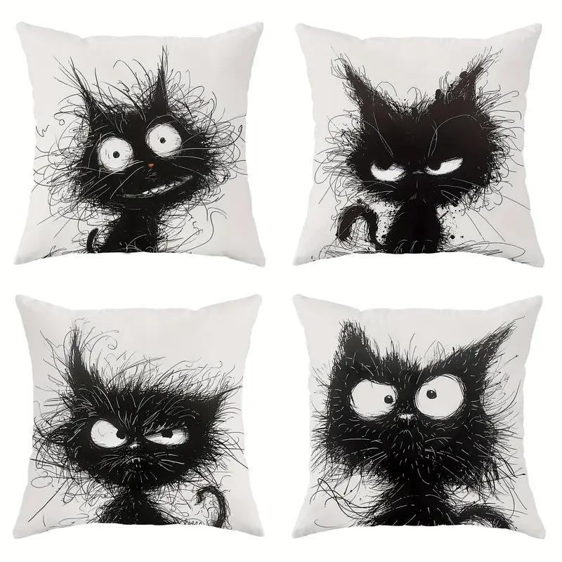 4pcs Cushion Cover Cute Black Mao Mao Cat Printed Washable Cushion Cover Halloween Themed Party Living Room Bedroom Decoration
