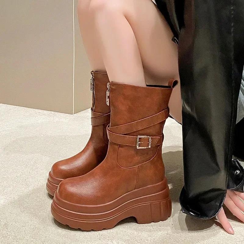 Fashion 9CM Platform Chunky Boots Women High Heels New 2024 Autumn Mid Calf Leather Sneakers Trend Winter Brown Motorcycle Boots Zapatos