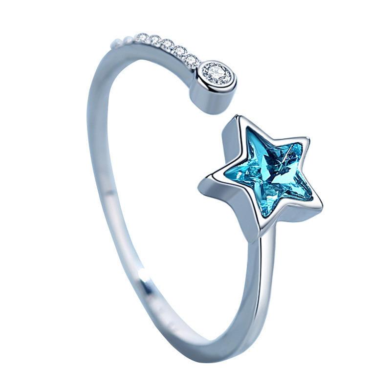 Stunning 925 Sterling Silver Star Ring For Women With Blue Diamonds Adjustable Design