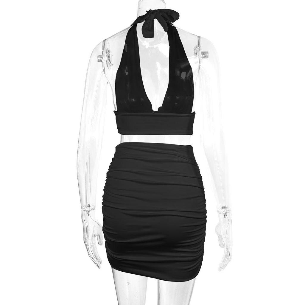 2024 Women's Halter Tie-up Two-Piece Bodycon Set: European and American Style Sexy Ruched V-neck Camisole Dress
