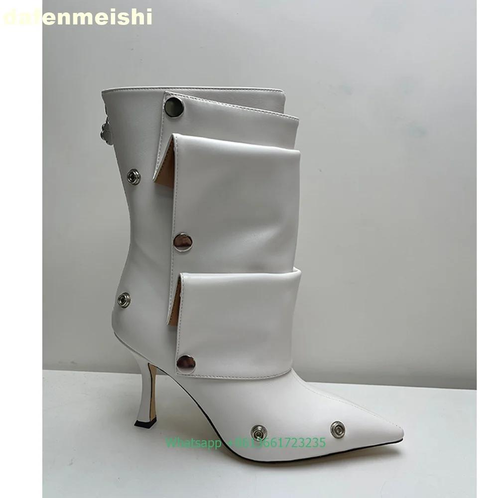 Metal Rivet Buckle Pleated Women Boots 2025 Winter Pointed Toe Thin Heels Short Boots Solid Color Back Zipper Leather Boots