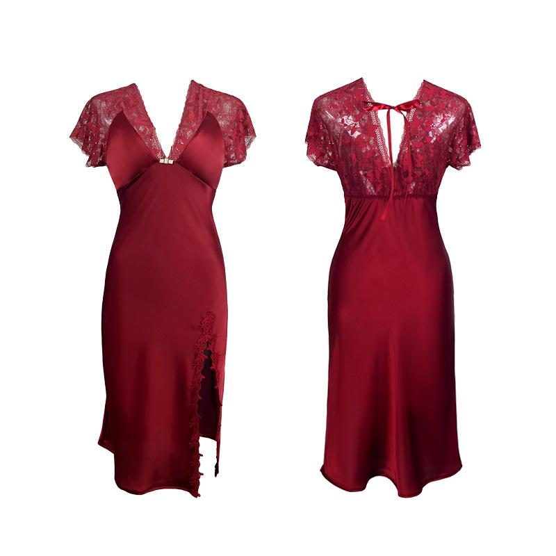 Sexy Ice Silk High Slit Nightgown Backless Lace Patchwork Slim Fit Cami Pajamas Women's Long Dress 447 Bold Alluring Sleepwear Skin-Friendly Feel