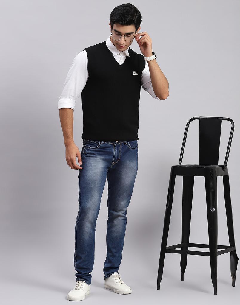 Monte Carlo Mens Black Solid V Neck Sweater