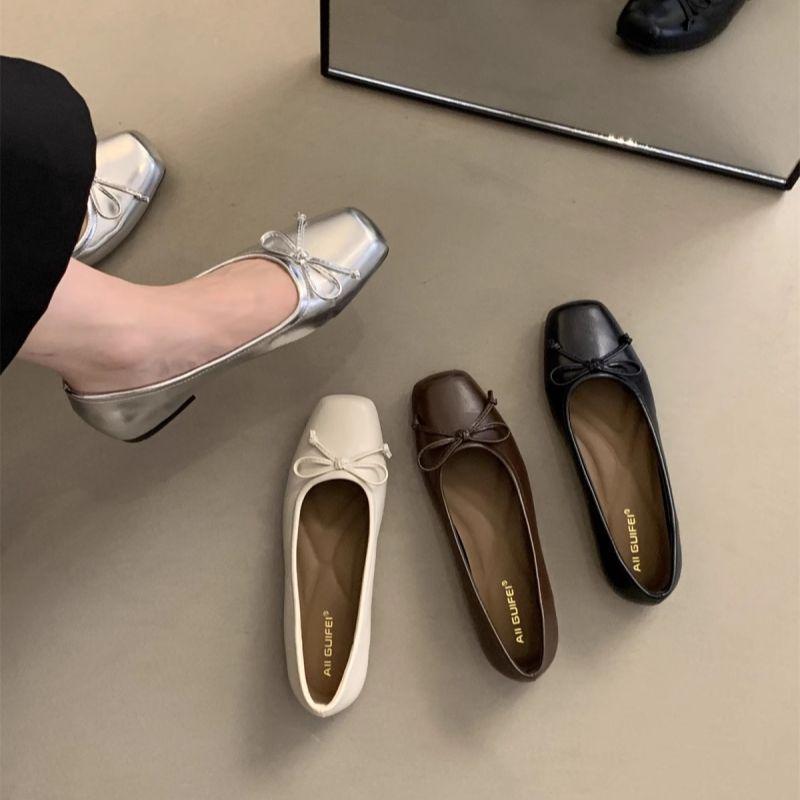 Gentle Bow Ballet Shoes Spring and Autumn New Square Head Small Leather Shoes Shallow Mouth Beanie Shoes Single Shoes Women