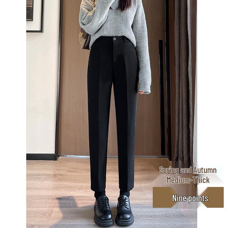 Women's Black High-Waisted Fleece-Lined Slim-Fit Suit Pants for Autumn/Winter - Casual Straight-Leg Formal Wear