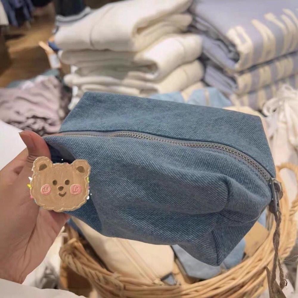 Korean Style Jean Cosmetic Bags Solid Color Stationery Storage Bag Student Pencil Bag for Women