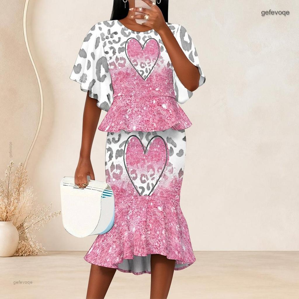 Women Plus Size Two Piece Set Round Neck Batwing Sleeve Printed Ruffle Hem Top Fishtail Skirt Silver Black