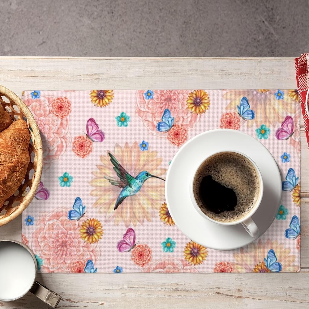 4pcs Spring Floral Birds Placemats Set of 4, Lovely Humming Birds Pink Floral Butterfly Watercolor Dining Room Kitchen Tabletop Place Mats