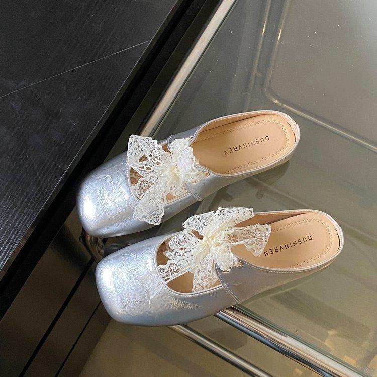 Lace Bow Outer Wear Half Slippers Women's Spring and Summer New Silver Thick Heel Soft Leather Shoes Bag Head Slippers